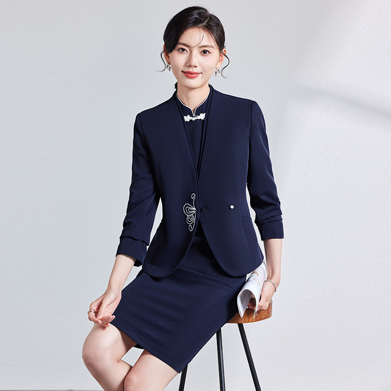 New Chinese Style National Style Stewardess Uniform Professional suit Female Long-sleeved Waiter Etiquette Front Desk Reception Cheongsam Work Clothes