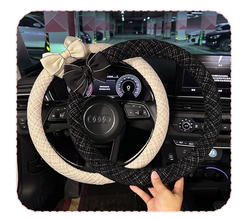 Tweed Style Steering Wheel Cover Cotton and Linen Car Anti-Slip Steering Wheel Cover Accessible Luxury Bow-Knot Car Steering Wheel Cover
