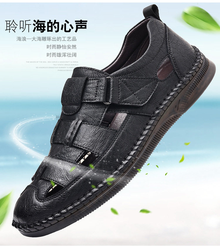 Dép sandal nam da cỡ lớn thiết kế khoét lỗ, khóa dán tiện lợi, form bít mũi — Nâu thời trang, Đen quyến rũ chi tiết 4
