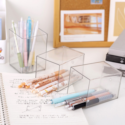 Creative student diy desktop square pen holder simple unprinted style office stationery acrylic transparent storage tube