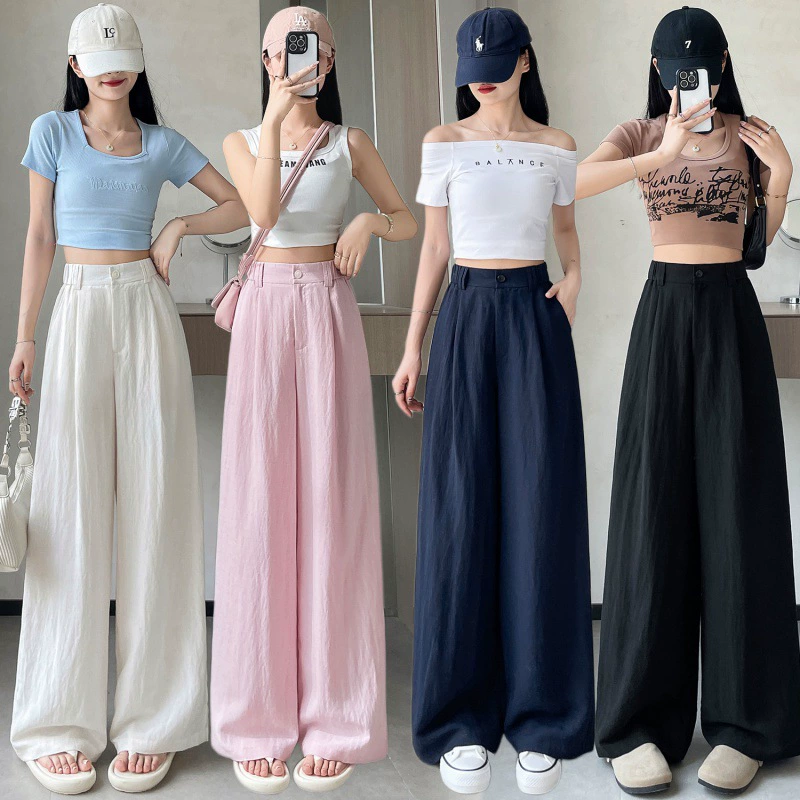 Реальная съемка спот 2024 летние новые льняные широкие брюки-ледяные шелковые прямые брюки с высокой талией