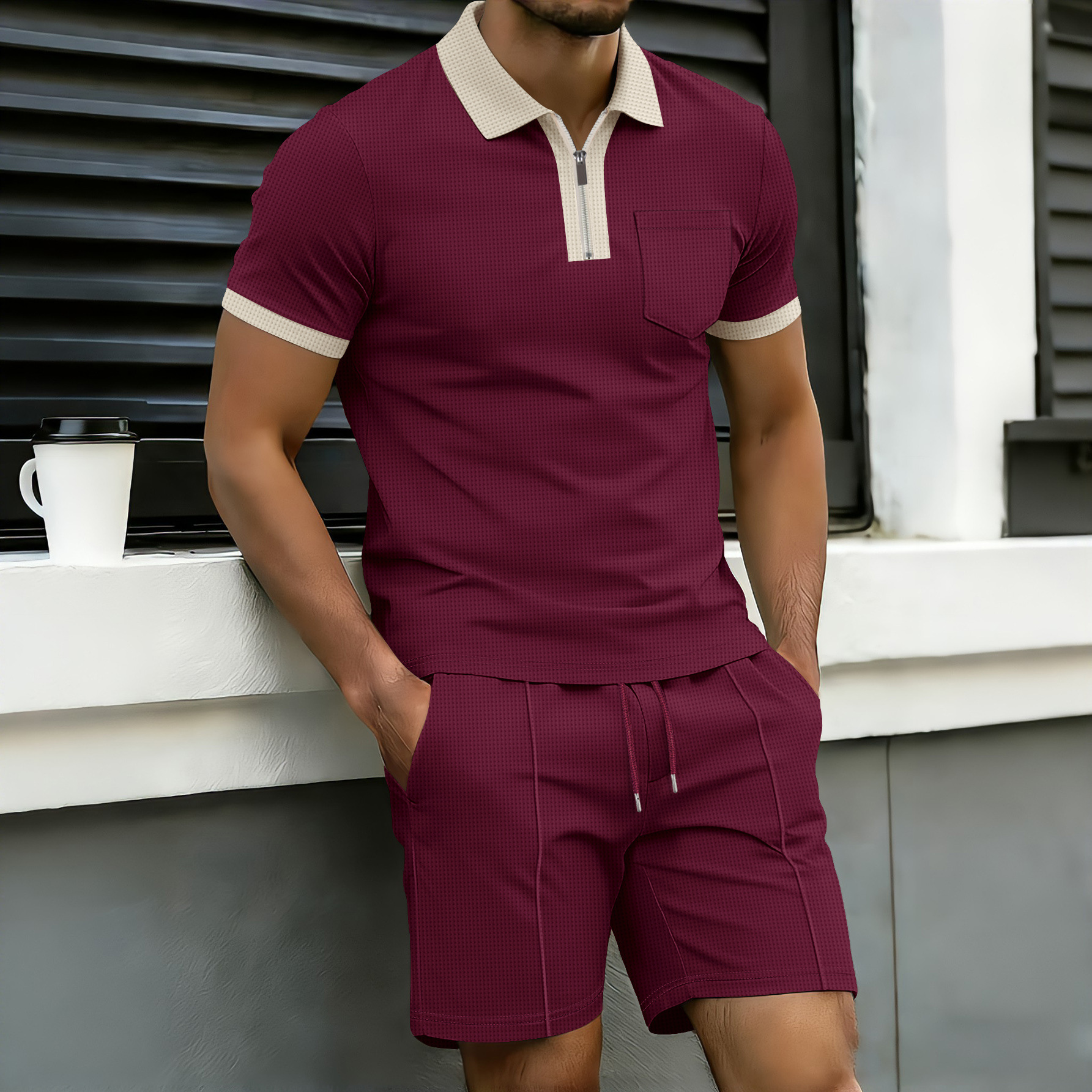 Ensemble polo et short en gaufrette pour homme respirant chic_voghion.com