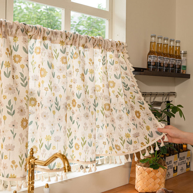 Kitchen Half-Curtain, Short Curtain, Magic Tape Curtain, French-Style Small Floral Sheer Curtain, Non-Drill Partition Fabric Curtain