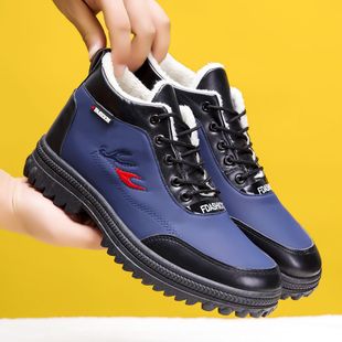 2025 New Winter Velvet Men's High-Top Cotton Shoes Men's Snow Boots Thick-Soled Non-Slip Leather Waterproof Dad Cotton Shoes