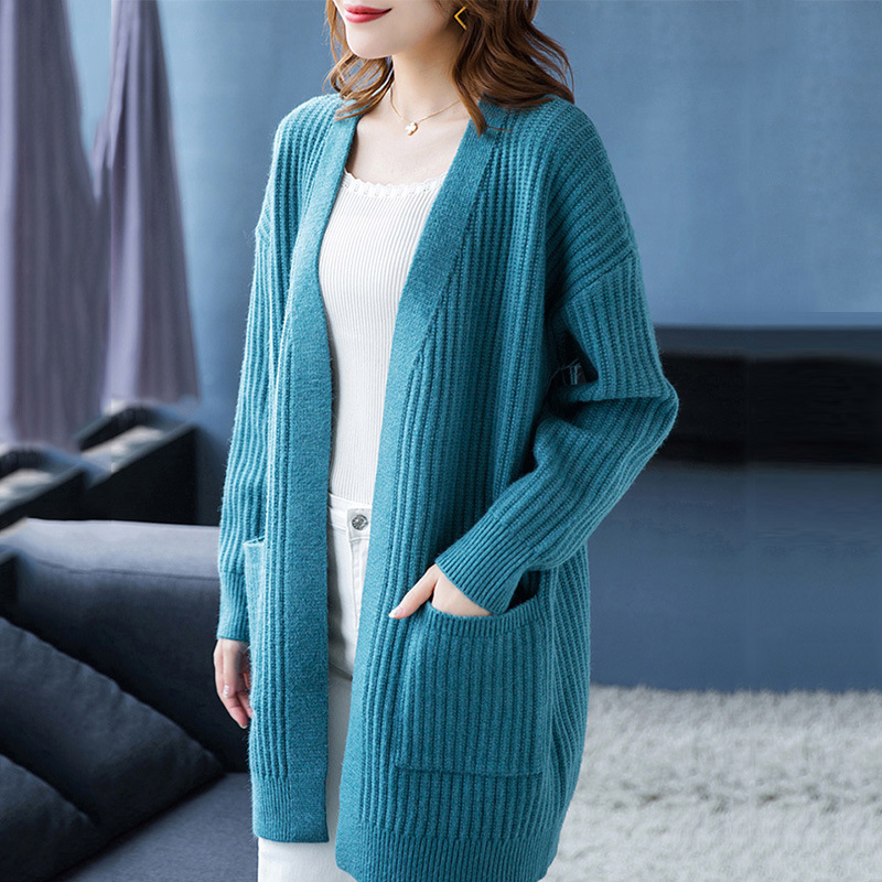 Spring and Autumn New Sweater Knitted Cardigan Women's All-match Long-sleeved Loose Simple Korean-style V-neck Mid-length Jacket