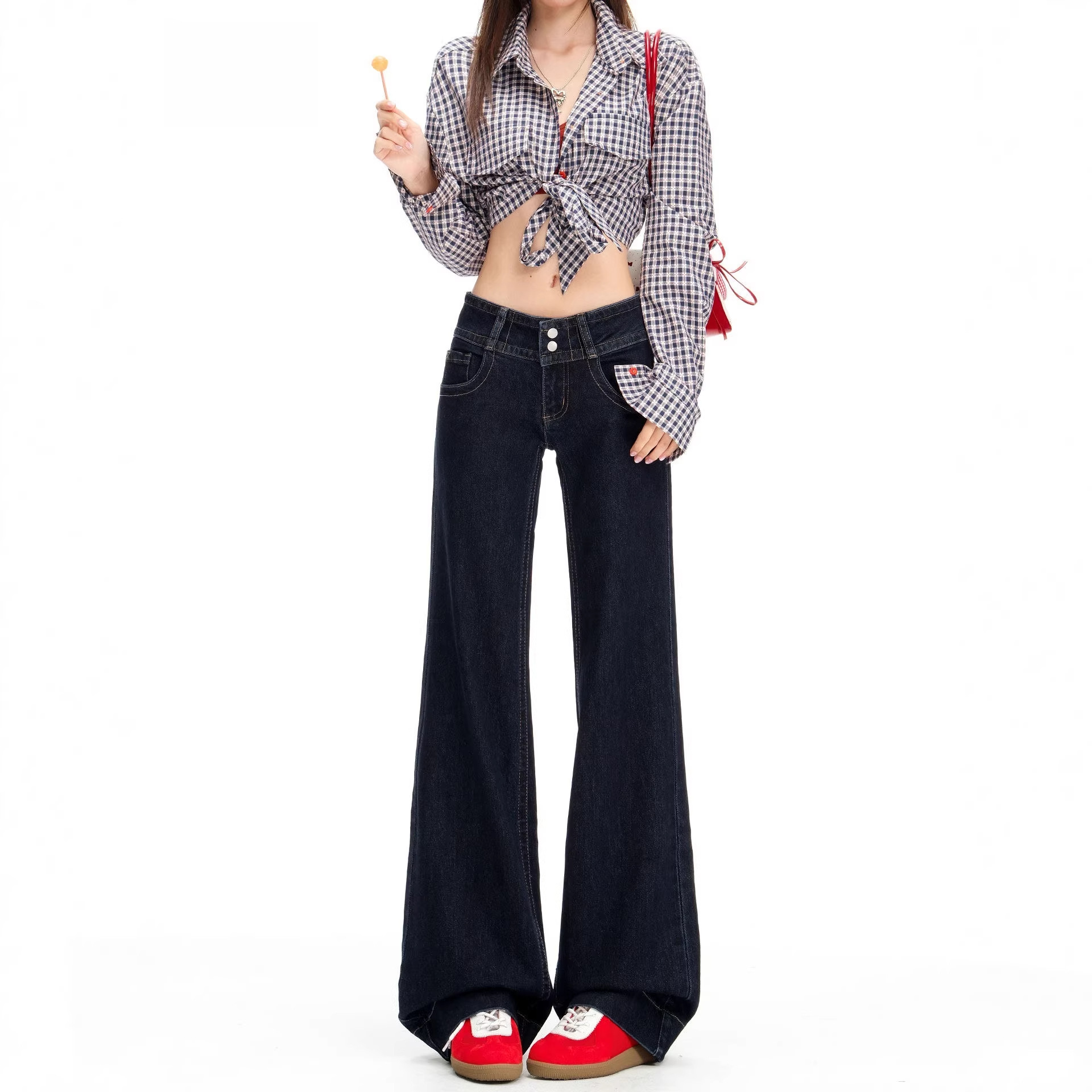 Denim Blue Slim-Fit Flared Jeans for Women, Spring and Autumn Style, Petite Size, Original Color, Low-Waist, American Style, Straight-Leg Pants for Women