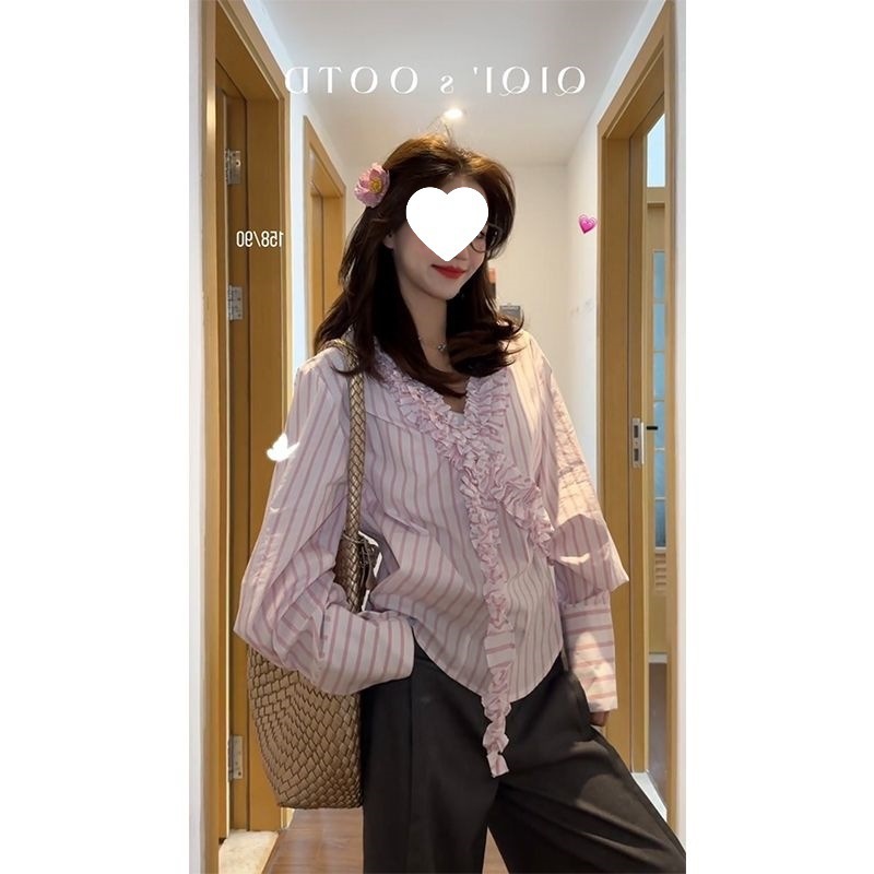 2025早春新款韩系减龄V领条纹长袖衬衫上衣女潮|undefined
