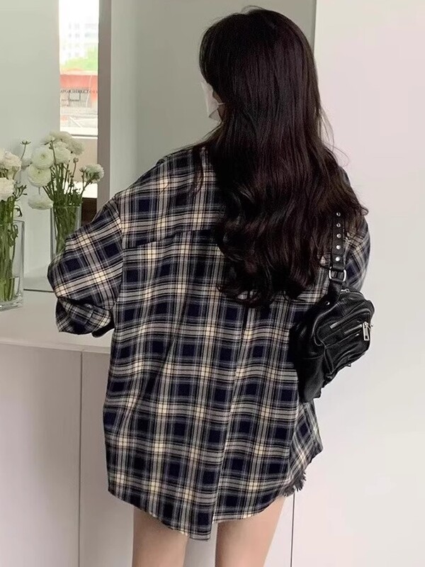 美式复古格子衬衫外套女长袖秋冬新款设计感小众宽松休闲上衣衬衣|undefined