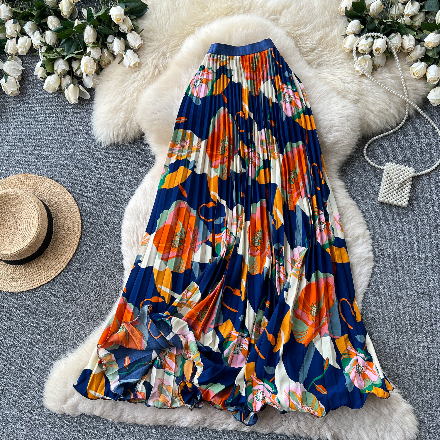 High Waisted Slimming Pleated Midi Skirt for Women French Style Printed A-Line Perfect for Summer Vacation And Work_ecoleips.com