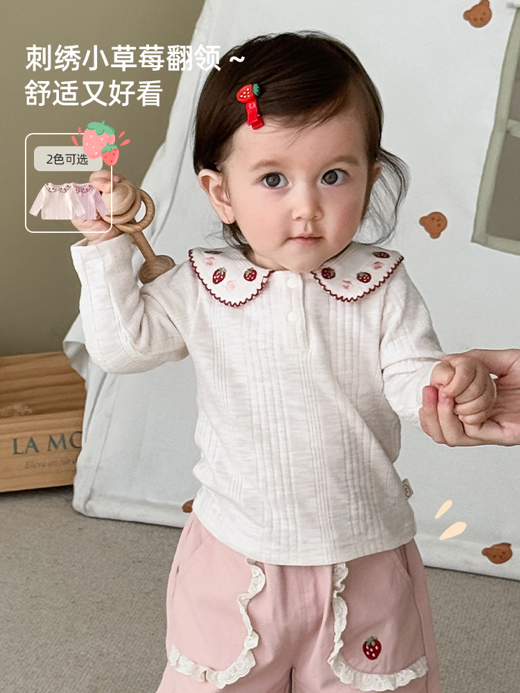 女の子用韓国風インナーシャツ、秋用ベビーおしゃれドールカラーイチゴTシャツ、子供用かわいい秋服