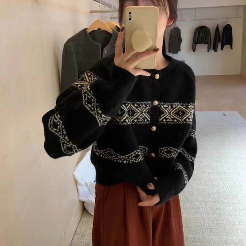 韩系复古撞色提花针织开衫女秋冬慵懒风设计感宽松长袖毛衣外套女|undefined