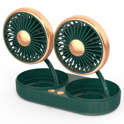 Car Fan with Dual USB Ports, Adjustable Front-Row Car Fan, Suitable for Trucks and Cars (Digər kiçik elektrik cihazlar) - three-speed-adjustable-double-head-fan-dark-green-gold-one