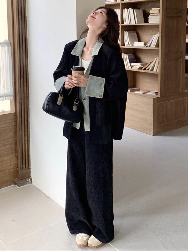 Korean Style High-End Denim Splicing Suit Jacket Wide-Leg Pants Two-Piece Set for Women Spring and Autumn New Suit Suit