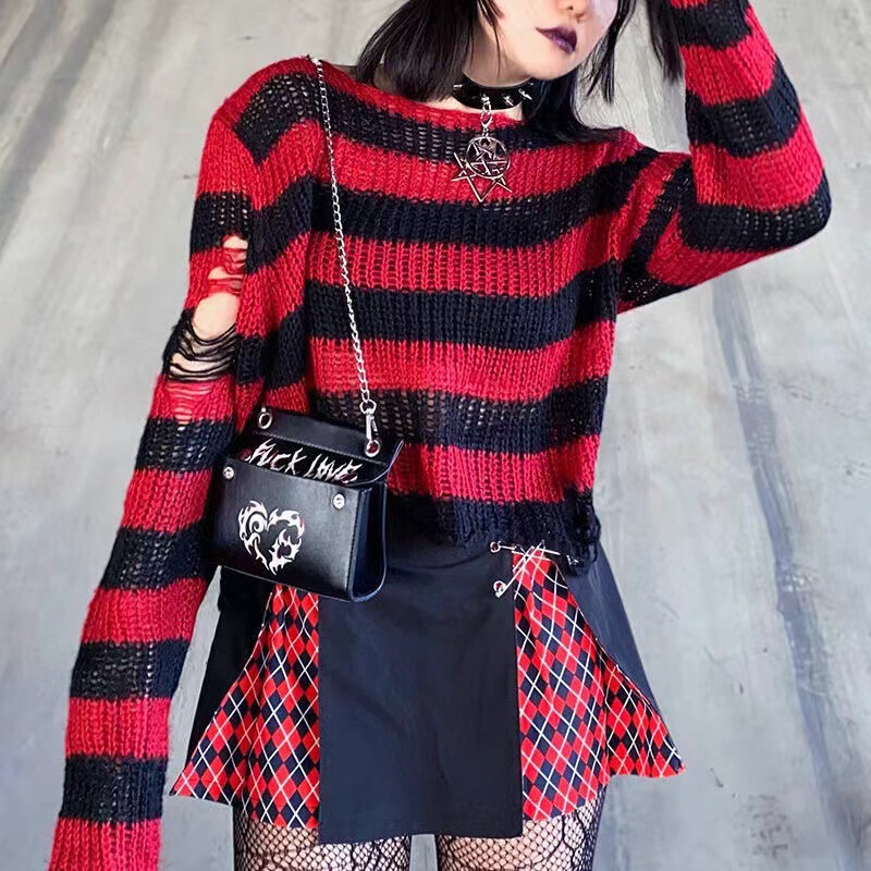 European and American-style Ripped Short Sweater Women's Couple Striped Loose Punk Diablo Sweater All-match Sweater