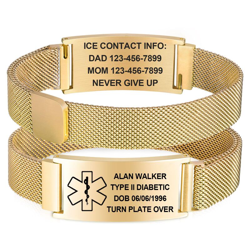 Stainless Steel Curved Tag Bracelet with Laser Engraving of Medical Assistance Information, Adjustable Bracelet with Magnetic Strap, Curved Tag Bracelet Stainless Steel Curved Tag Bracelet with Laser Engraving of Medical Assistance Information, Adjustable Bracelet with Magnetic Strap, Curved Tag Bracelet