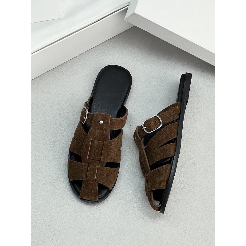 ¡Minimalismo retro! Francia T & R trenzado zapatillas de verano nuevo hueco con hebilla plana zapatillas romanas