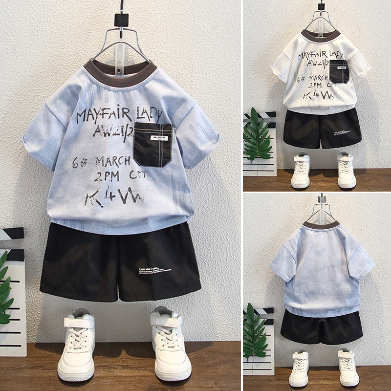 7988 Traje de verano para niños para niños 2025 nuevo estilo verano delgado niño hermoso traje de dos piezas de manga corta moda fresca