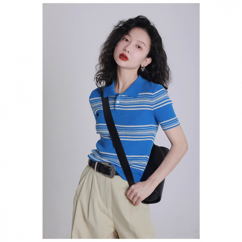 Korean Blue Stripesd Ice Silk Knitted Polo Shirt Short-Sleeved Right Shoulder T-Shirt Women's Summer Short Top Thin