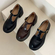 英伦复古棕色小皮鞋女丁字扣带玛丽珍鞋布洛克鞋防水台高跟鞋