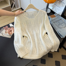 2025大码韩式甜美镂空针织衫洋气减龄勾花宽松显瘦套头毛衣女