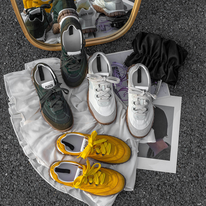 Miu Genuine Leather Casual sneaker Women's Round-toe Lace-up Thick-soled German Training Shoes 2025 Non-slip All-match White Shoes Board Shoes