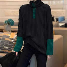 2024年秋冬新款绿色拼接高领毛衣女小个子内搭时尚洋气针织打底衫