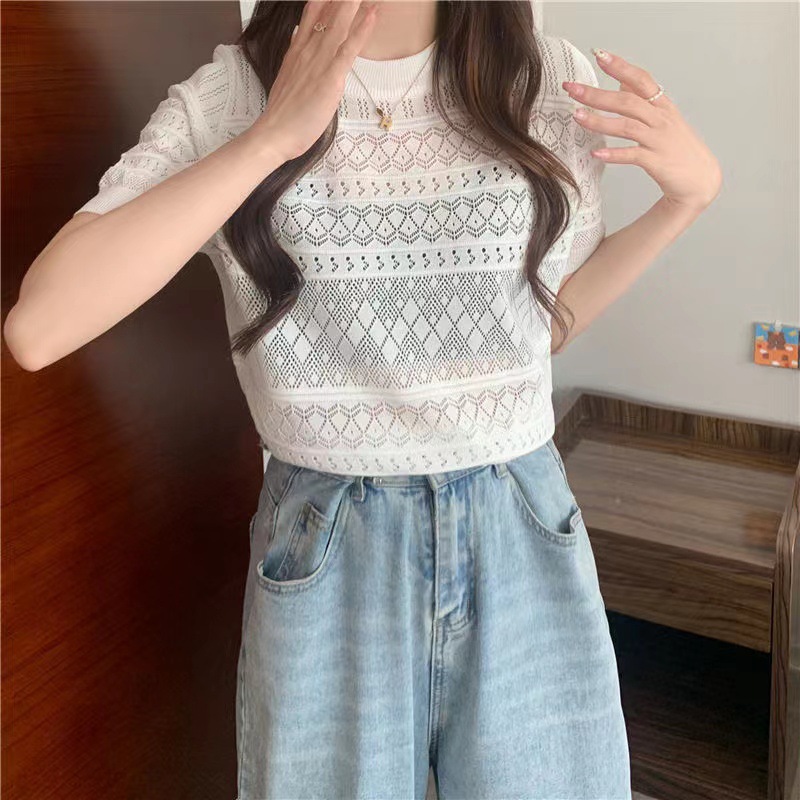 Summer thin short cute knitted sweater with a round collar, for teenagers, print