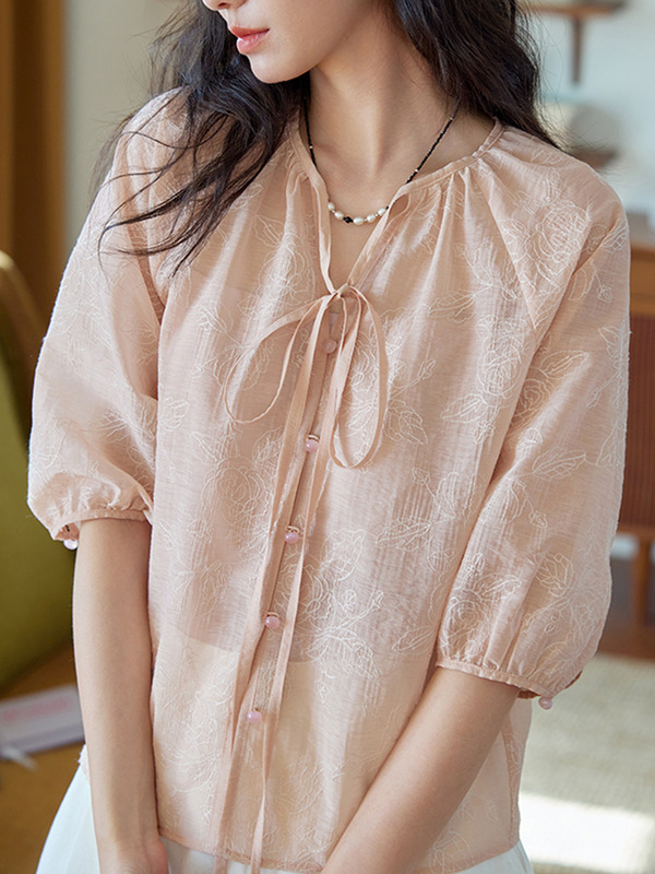 ピンクのラウンドネックレースアップラグラン刺繍半袖シャツ女性の夏のフレンチレトロ気質トップ|undefined