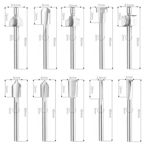 10pc woodworking trimmer high speed steel titanium plated round handle rotary grinding milling tool wood engraving milling cutter set
