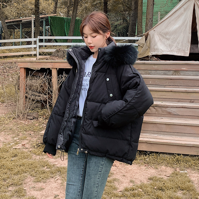 Chaqueta de algodón de plumón al por mayor transfronteriza para mujer invierno nuevo estilo coreano suelto estudiante corto cuello de piel grande chaqueta de pan chaqueta acolchada de algodón de moda