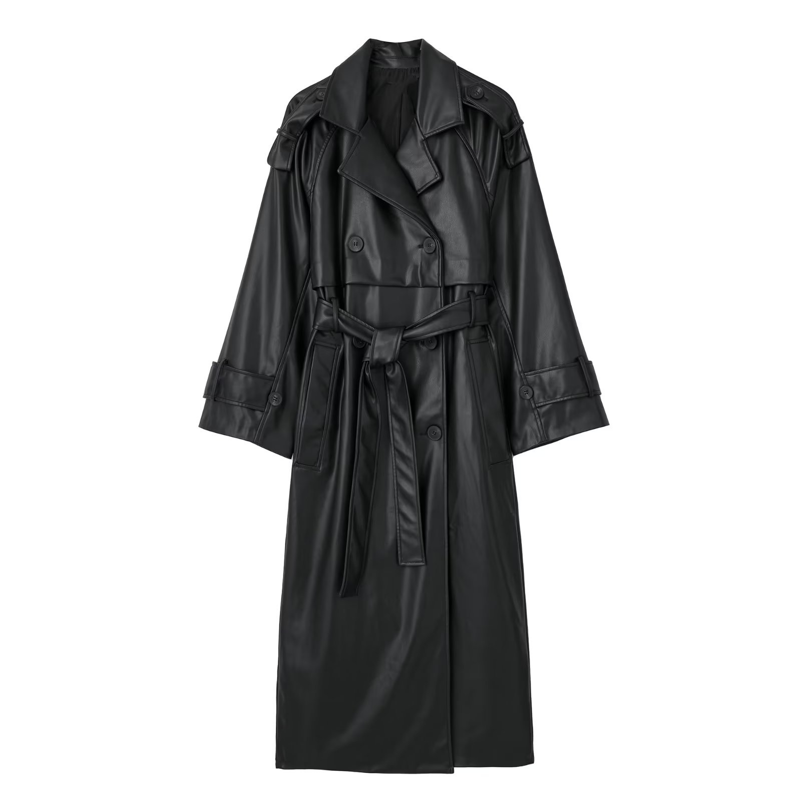 2023冬季新品欧美跨境女装黑色中长款气质仿皮宽松PU腰带风衣外套