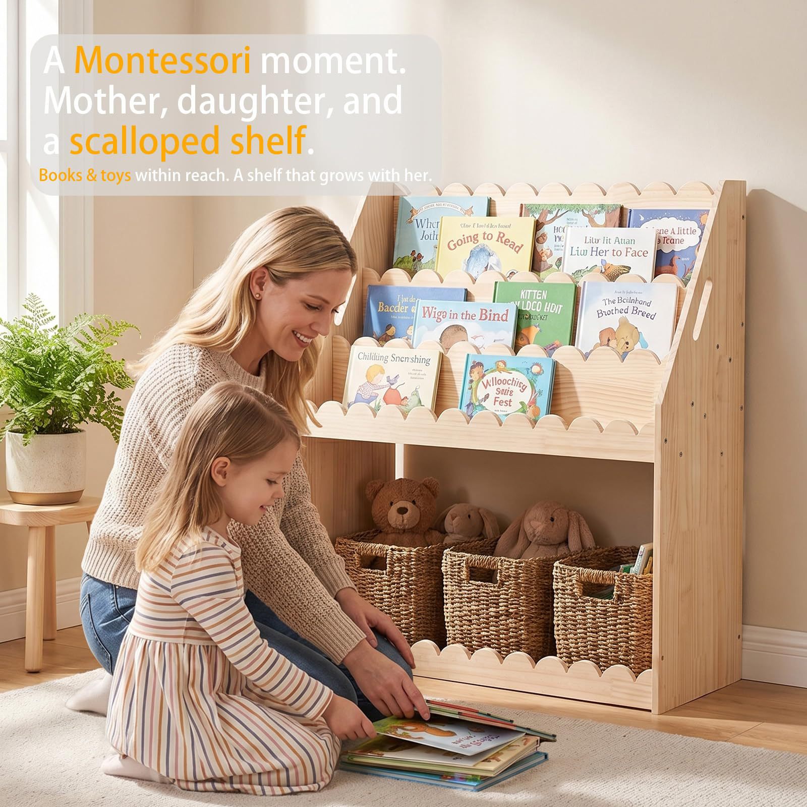 Cross-border Children's Fan-shaped Bookshelf 4-Tier Montessori Wooden Bookcase for Infants