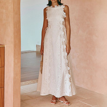 欧美性感简约风吊带裙2025秋季新款圆领无袖立体花朵刺绣连衣裙女