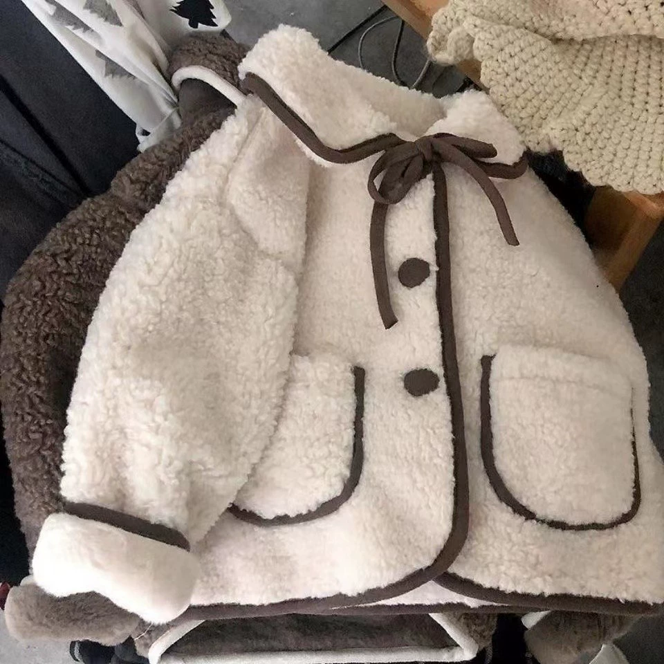 Детский меховый пиджак один осенний и зимний кардиган куклы воротник ребенок теплый карман пальто кашемировый свитер прилив