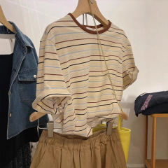 ストライプ半袖 Tシャツレディース夏の純綿新しい半袖右肩ゆったり大きいサイズ痩身カジュアル韓国トップス女性用