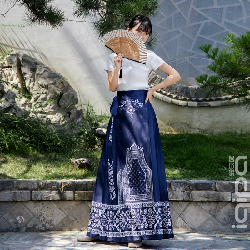 [Восточный блюз] юбка с конским лицом синий национальный стиль летом тонкая юбка