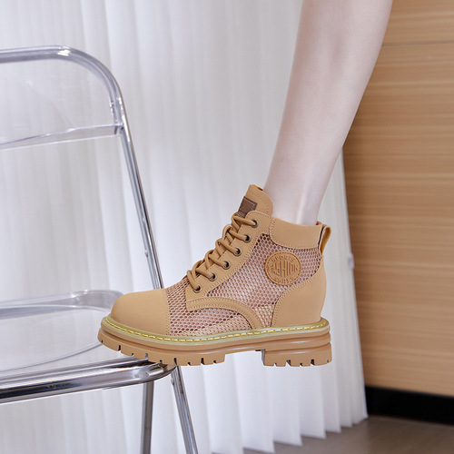 [High-definition silk cowhide] Women's Martin boots with increased height and permeable mesh, durable mesh rhubarb boots, thick-soled women's short boots