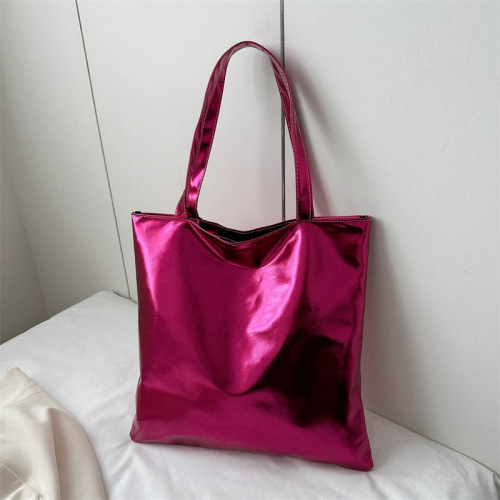 Solid color new simple portable large-capacity textured glossy shoulder bag personalized soft PU paint commuter tote bag