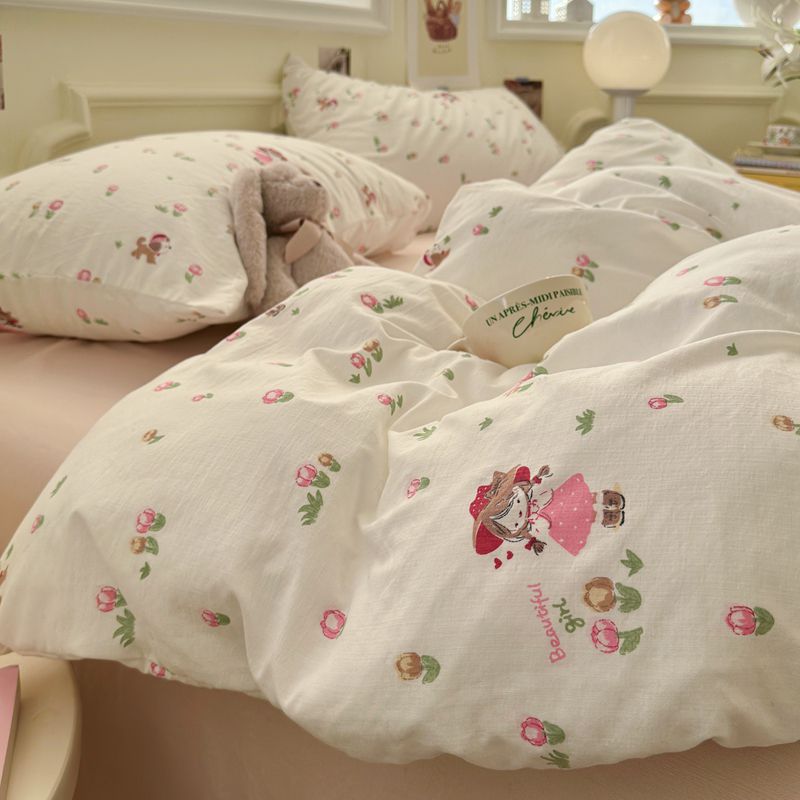 A clase madre y niño cama de doble hilo cuatro piezas de sábanas cubierta dormitorio de estudiantes cubierta de algodón cubierta de tres piezas de ins viento