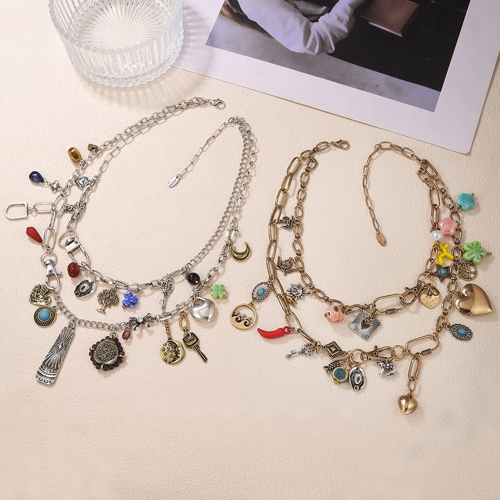 55g Weight Alloy Pendant Material Necklace Classification Vacation Classic Style Color Block Alloy Cable Chain Layered Necklaces Wholesale