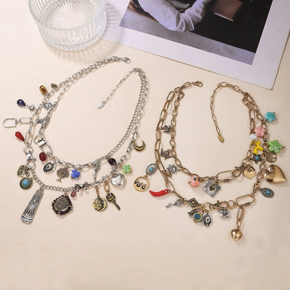 Трансграничный богемный тренд ретро-курортный ветер двухслойный сплав с несколькими подвесками ожерелья дикий отдых