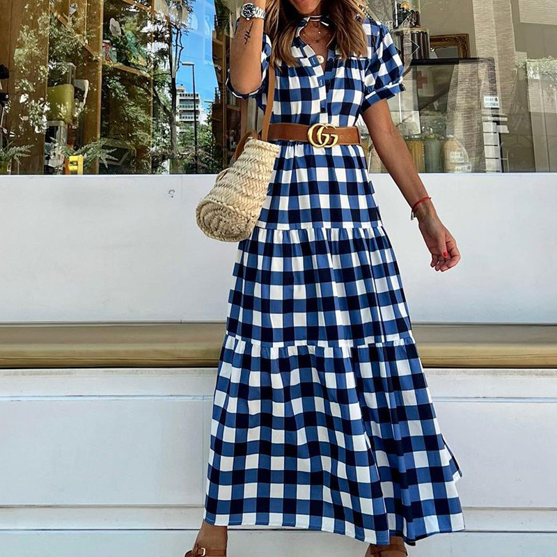 Women's A-line Skirt Simple Style British Style Standing Collar Printing Short Sleeve Plaid Midi Dress Street display picture 2