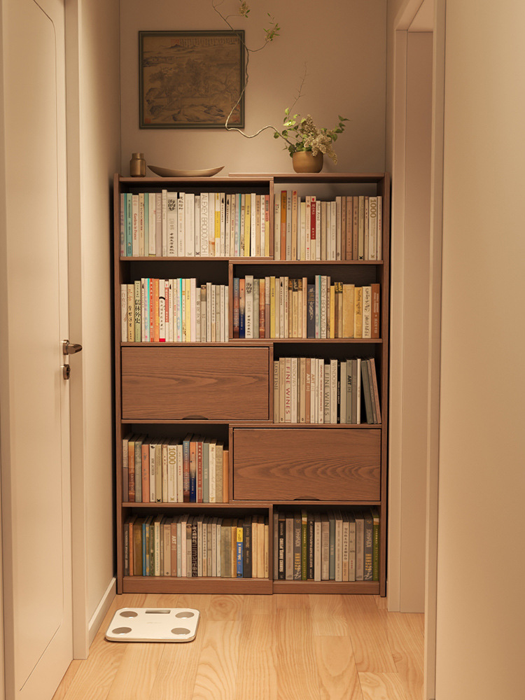 Solid Wood Bookcase Free Combination Grid Cabinet Living Room Floor-Standing Storage Rack Retractable Display Cabinet Bookshelf Integrated Against the Wall