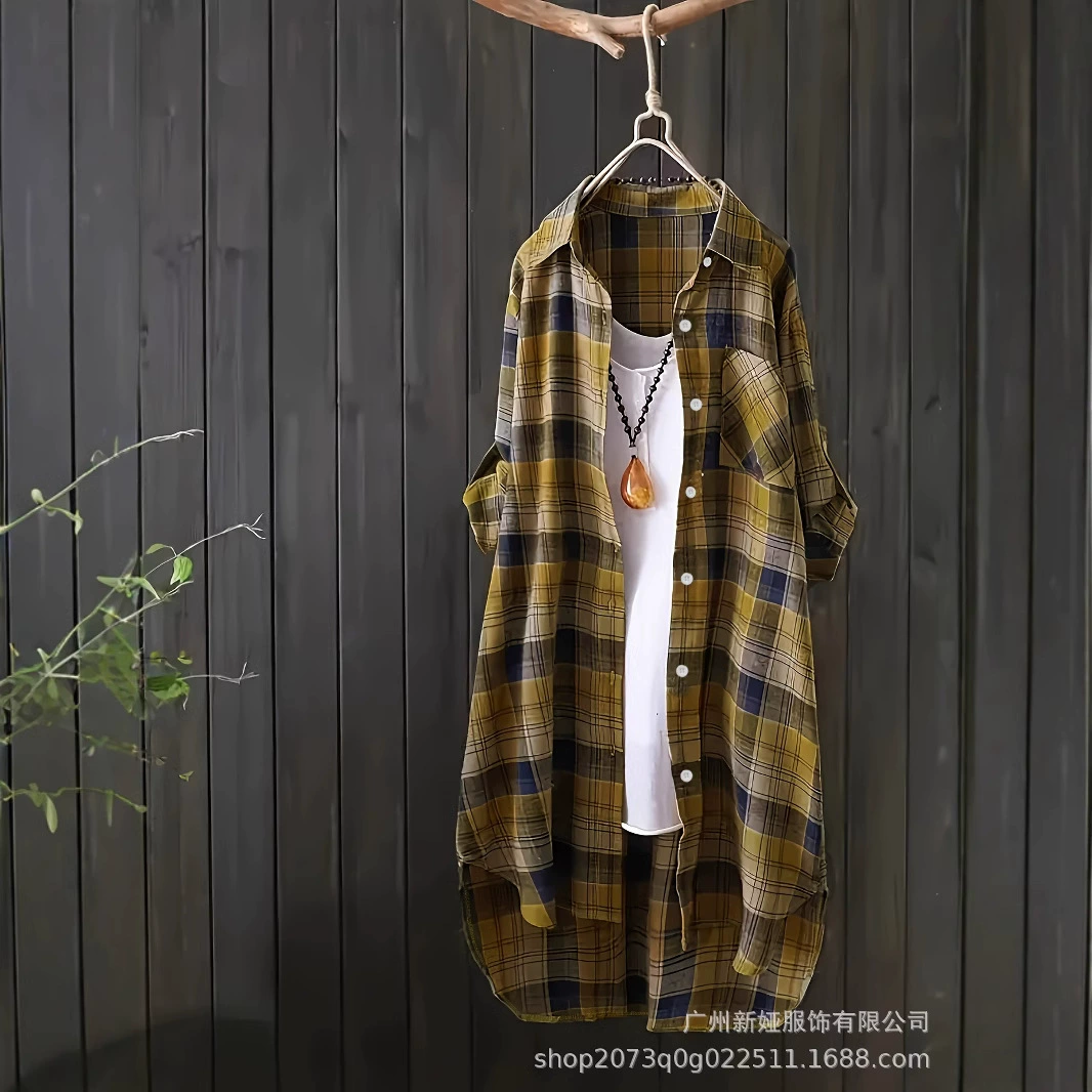 2024 рубашка большого размера в клетку с карманом отворот женская рубашка