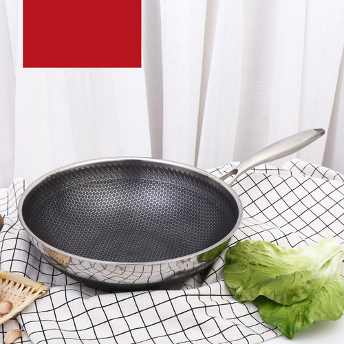 Honeycomb double-sided full-screen 304 stainless steel wok with micro-smoke, non-stick, no coating, three-layer steel wok gift