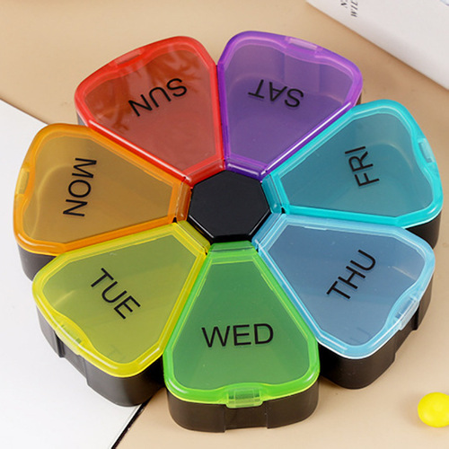 Seven-day round portable mini seven-compartment pill box transparent rainbow large flower petal pill storage and dividing pill box
