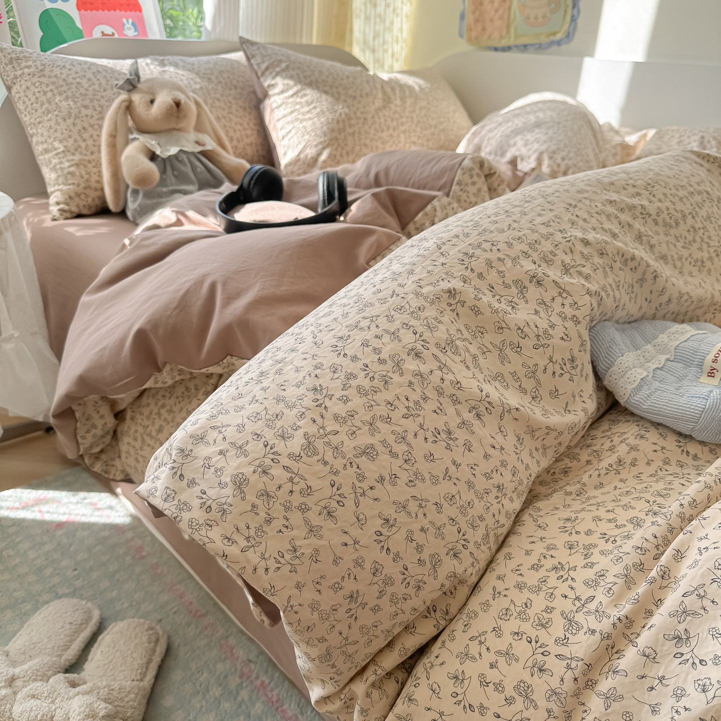 Nuevo algodón coreano de cuatro piezas, sábanas de algodón, cubierta de cama, dormitorio de estudiantes, ropa de cama de tres piezas