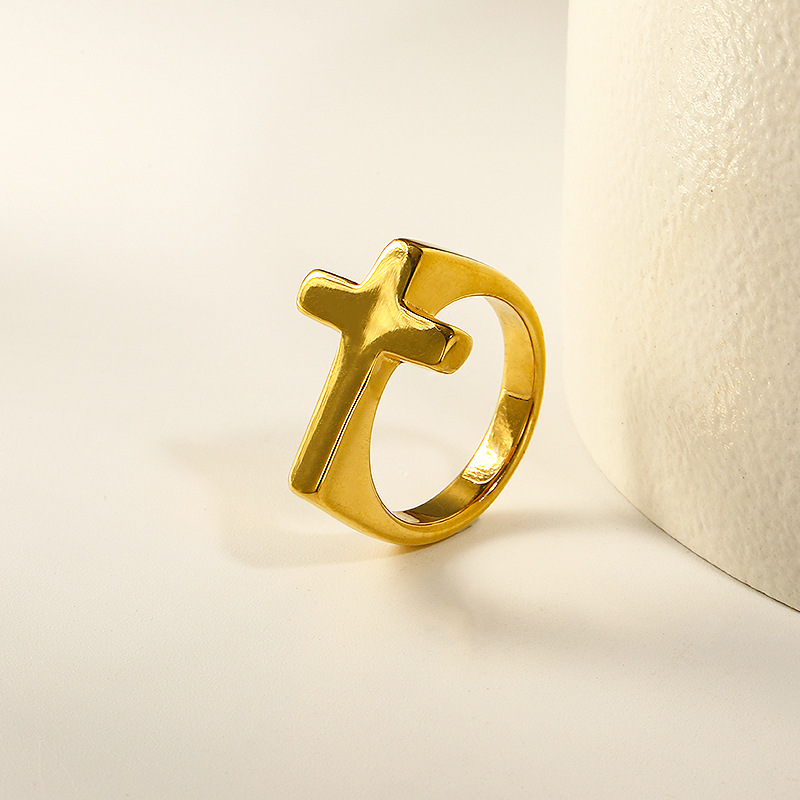 1 Piece Quantity Daily Occasion Real Gold Plated Cross 304 Stainless Steel Waterproof Non Tarnish Rings