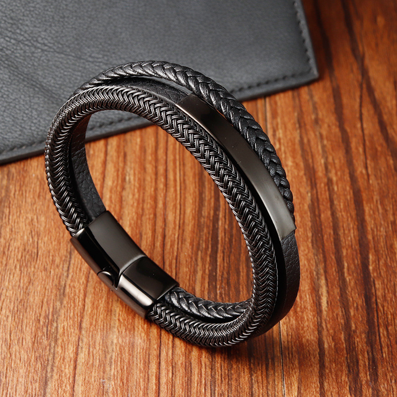 Leather bracelet hand-woven bracelet chain genuine leather woven men's leather bracelet stainless steel leather rope L20214