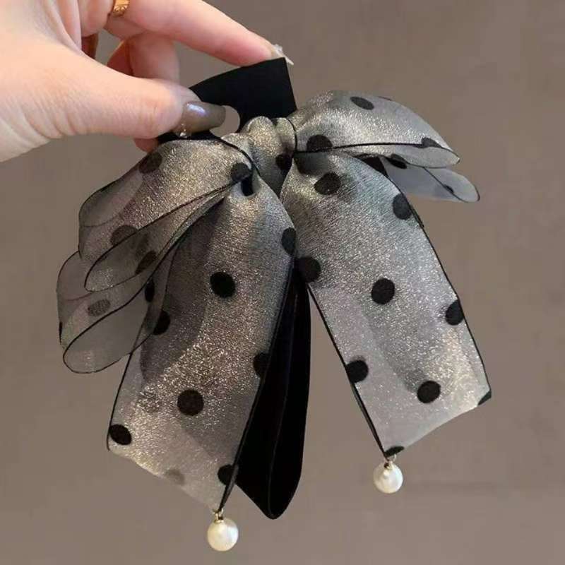 Korean Style Satin Snow Gauze Polka Dot Bow Clip Retro Pearl Pendant Elegant Shark Clip Hairpin for Women on the Back of the Head